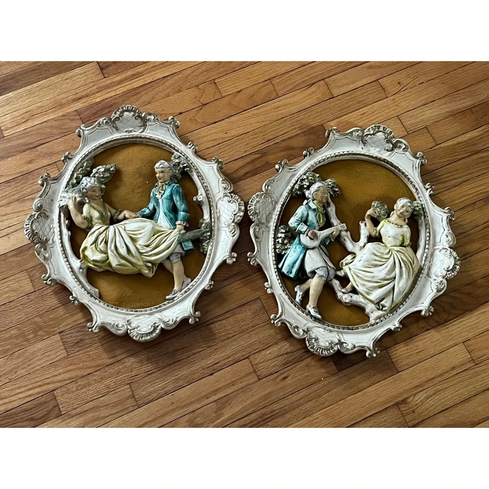 Universal Statuary Corp Wall Plaques Pair White Gold Teal Good 3D Relief Decor